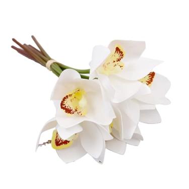 Imagem de Decoração de orquídea falsa Flores de seda artificial 6 Hastes flexíveis de arame Flexível Arranjos florais elegantes para casamentos decoração de casa 10,24 polegadas de 3,54 (Branco)
