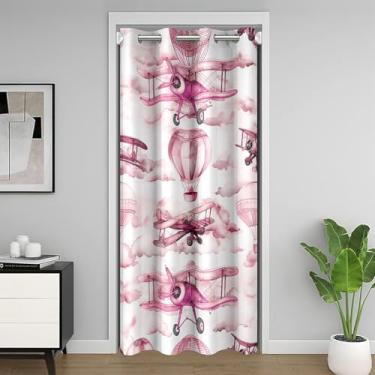 Imagem de Cortina de porta infantil de avião de desenho animado, balão de ar quente, nuvens, céu princesa, cortina blackout para quarto, entrada de quarto, sala de estar, aeronave de aviação, rosa, branco