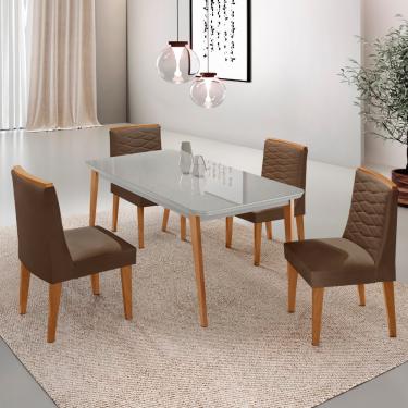 Imagem de Mesa de Jantar Copper 120cm Tampo MDF Vidro com 4 Cadeiras Eloise Moderna Mobilia - Veludo Marrom/Off/Nat/Serig Off