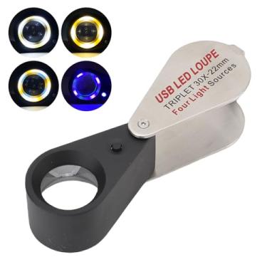 Imagem de Asixxsix Linha de Lupa Recarregável de Joalheiros Com Luz de LED, Ampliação de 30x de Lupa Iluminada Com 4 Fonte de Fonte de Luz, Loop de Jóias Dobráveis ​​de Lentes de Vidro óptico