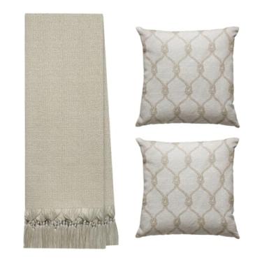Imagem de Manta Para Sofá E Cama Grande 3 Metros Decorativa Com 2 Capas De Almofadas (MANTA BEGE- 2 CAPAS CORDA NÁUTICA)