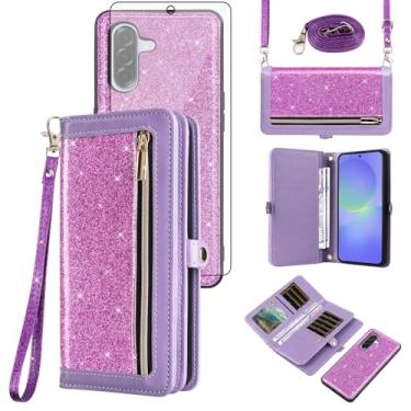 Imagem de Asuwish Capa de celular para Samsung Galaxy A56 5G Carteira com zíper destacável com protetor de tela transversal alça de cordão Bling Glitter Flip porta-cartões A 56 56A LTE mulheres homens meninas
