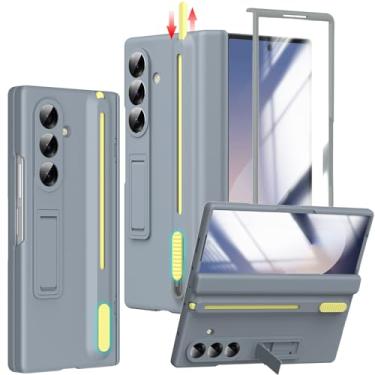 Imagem de YQODSZ Capa para Samsung Galaxy Z Fold 6 com suporte para caneta S e caneta Stylus, suporte, capa de dobradiça, protetor de tela e câmera, cinza