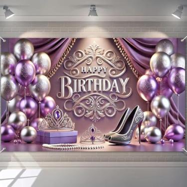 Imagem de BlissYard Faixa roxa princesa feliz aniversário 71 x 43 polegadas tiara, salto alto, pérola, pano de fundo, faixa de festa de aniversário para meninas, mulheres, elegante, tema real, decoração de