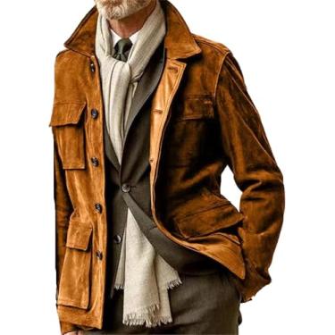 Imagem de Casaco De Couro Masculino Com Botão De Couro, Gola Casual Elegante, Bolso Múltiplo, Military Green 1, M