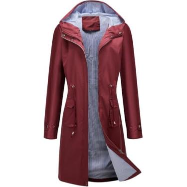 Imagem de Jaqueta De Chuva Com Capuz Feminina Longa Impermeável Capa De Chuva Casual Full Zip Anorak Midi Windbreaker Bolsos, Red, M