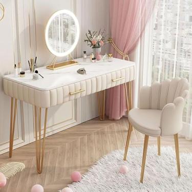 Imagem de Mesa De Maquiagem Moderna Com Espelho Led Ajustável E Gavetas, Penteadeira E Cadeiras Para Escrita Em Casa, Beige, 80CM