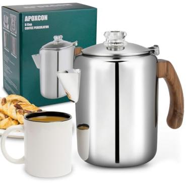 Imagem de APOXCON Cafeteira de aço inoxidável para cafeteira com puxador de vidro resistente e cabo de madeira maciça tratada e bico sem gotejamento, panela de café para acampamento em qualquer fogão, sem