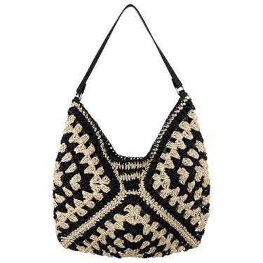 Imagem de DODAMOUR Bolsa de ombro grande de palha para mulheres, sacola de tecido com forro e fecho magnético, bolsa leve de praia de verão para viagens, passeios casuais (preto, branco)