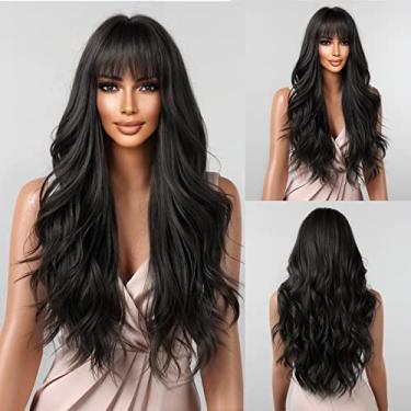 Imagem de BERON Perucas pretas longas onduladas femininas com franja natural preto encaracolado sintético resistente ao calor para perucas diárias touca de peruca incluída