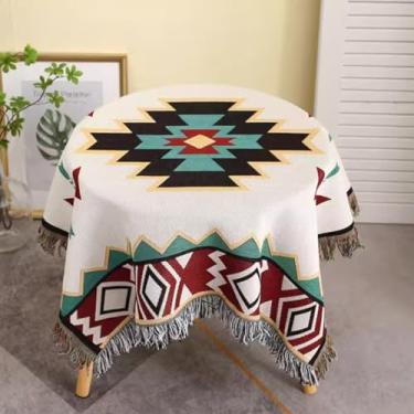 Imagem de Wuluwala Toalha de mesa de café boêmia com padrões étnicos e borlas coloridas mistura de algodão à prova de poeira para sala de estar, canto de leitura, festas de fim de ano 129,5 x 129,5 cm