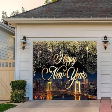 Imagem de 2,1 x 2,4 m Feliz Ano Novo Garagem Porta Decoração Banner Dourado Glitter Fogos de Artifício Ponte Moderna Cidade Urbana Vista Noturna Garagem Pano de Fundo para Decorações de Festa de Ano Novo