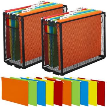 Imagem de Otoolling Pacote com 2 suportes de arquivo para pendurar, 10 pastas suspensas, malha de metal, armazenamento de pasta tamanho carta, armários de armazenamento de mesa, documentos escolares de