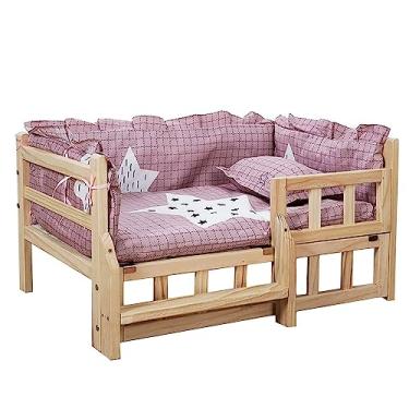 Imagem de OQOPO Dog House Cama de madeira para cães Cama evevada para animais de estimação ortopédico elevado canil com cercas e escadas móveis para cães pequenos e médios Cama dupla para cães