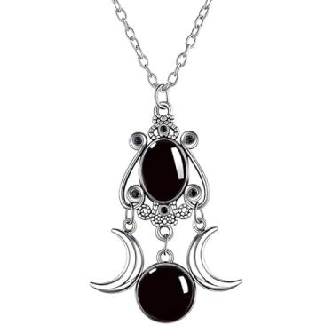 Imagem de Dreuyet Colar gótico de cristal de lua para mulheres, vintage, punk, vermelho, preto, roxo, crescente, gótico, tripla, lua, deusa, amuleto, pingente de amuleto, bijuteria de Halloween, Middle, Cristal