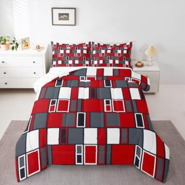 Imagem de jejeloiu Conjunto de edredom de grade geométrica, tamanho Queen, com blocos de cores abstratas, para meninos e meninas, vermelho e preto, macio, respirável, leve com 2 fronhas