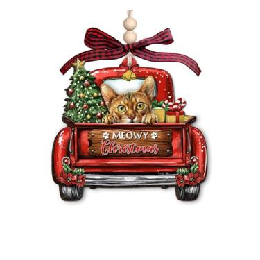 Imagem de Enfeite de Natal abissínio – Linda decoração de Natal para amantes de gatos – Enfeite de caminhão vermelho de madeira de 3 camadas para donos de animais de estimação – Enfeite de pendurar para árvore