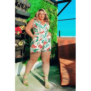 Imagem de Macaquinho Transpassado Rachel Folhagem Bege Plus Size - Domenica Sola