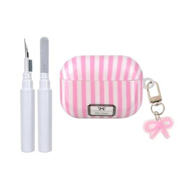 Imagem de Fycyko Capa protetora para AirPod Pro 2/Pro 1 geração com chaveiro de laço, listrada, bonita, estética, brilhante, à prova de choque, capa protetora para AirPod Pro2/Pro1 com kit de limpeza - rosa