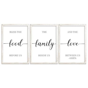 Imagem de flowtorely Bless the Food Before Us Sign Wall Decor 40.6 cm × 28.9 cm Conjunto de 3 para sala de jantar cozinha moldura de madeira rústica arte para pendurar na parede (branco)