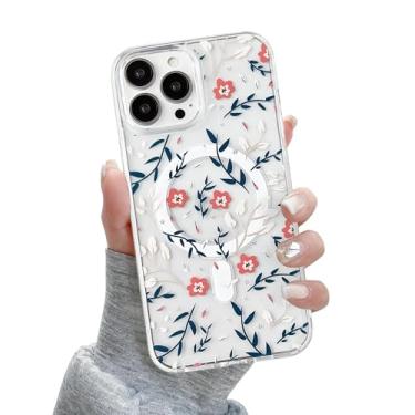 Imagem de QLTYPRI Capa magnética para iPhone 15 Pro compatível com Magsafe, linda flor floral estética capa de telefone fina transparente antiamarelamento à prova de choque para meninas mulheres - laranja