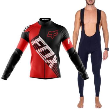 Imagem de Kit Ciclismo Fox Vermelho Bretelle Gel Camisa Longa Ciclismo Dryfit Bi