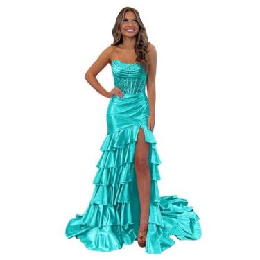 Imagem de Vestido de formatura Mollyevers Mermaid, cetim, fenda sem alças, 18 W