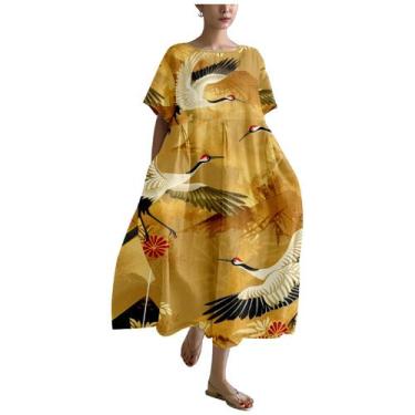 Imagem de Vestido casual MARSVOVO Yellow Crane com estampa de algodão solto