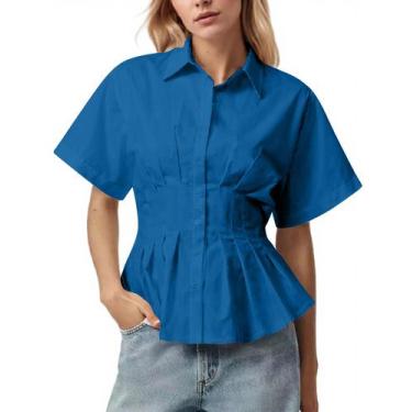 Imagem de Blusa feminina Dewpaur listrada com botões plissada e manga curta - Ds