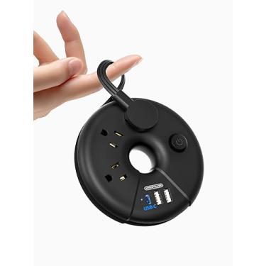 Imagem de Cabo de extensão plano de 3 pés, filtro de linha redondo NTONPOWER para viagem com 3 portas USB, cabo de extensão retrátil com interruptor, extensor de tomada portátil para casa, dormitório, hotel,