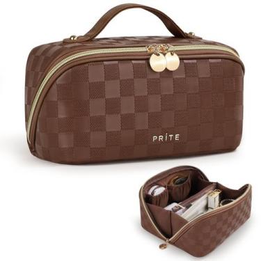 Imagem de Bolsa de maquiagem Prite Travel à prova d'água de material vegano xadr