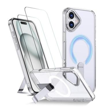 Imagem de Capa para iPhone 16 Capinha - Compatível com MagSafe, com protetor de ecrã temperado de 2 peças, estojo ultrafino resistente a choques e quedas com suporte ajustável - Transparente