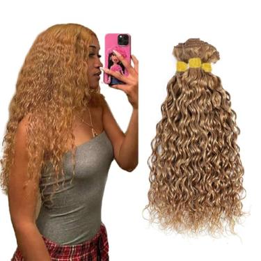 Imagem de Cabelo humano loiro mel cor 27 mechas cabelo humano grau 8A cabelo virgem brasileiro não processado 3 feixes 46 50 55 cm loiro mel ondas de água feixes