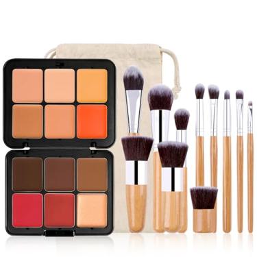 Imagem de RoseFlower Paleta de maquiagem de 12 cores, paleta de contorno de base, sombra bronzeadora, paleta de mistura de maquiagem com 10 pincéis de maquiagem, kit de maquiagem completo para iniciantes e de