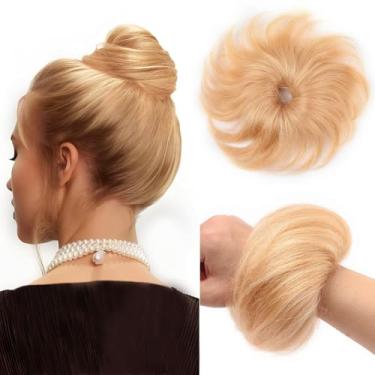 Imagem de FGZJMAE Pedaço de cabelo humano cabelo humano loiro mel natural encaracolado donut updo faixa de borracha elástica extensões de rabo de cavalo para mulheres (1 unidade #27 loiro mel)