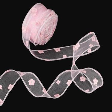 Imagem de Beadthoven Fitas de flores com fio de 21,87 metros para artesanato, fitas transparentes rosa de 3,5 cm, acabamento em tecido para grandes laços, embrulho de presente, guirlanda faça você mesmo