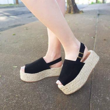 Imagem de Sandália Feminina Flatform Preta Camurça Suede Semi Fechada