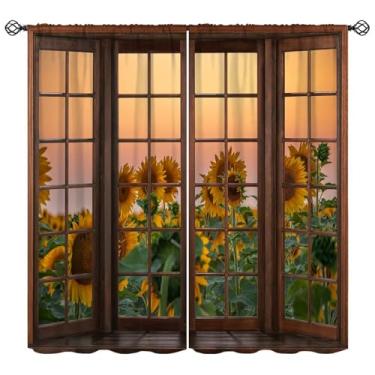 Imagem de FAOTELY Lindas cortinas de paisagem de girassol, rústica, vintage, girassol, pôr do sol, amanhecer, cenário, blecaute, cortinas de janela para quarto, sala de estar, cozinha, café (L66xC284 polegadas