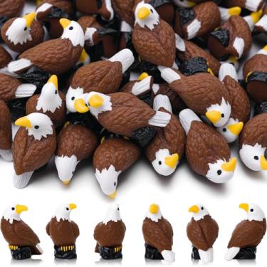 Imagem de GGSTDDUP 50 peças de mini águia careca de resina, estátua de jardim de águia americana de vida selvagem, estatuetas patrióticas de pássaro de águia careca em miniatura para festa do dia da