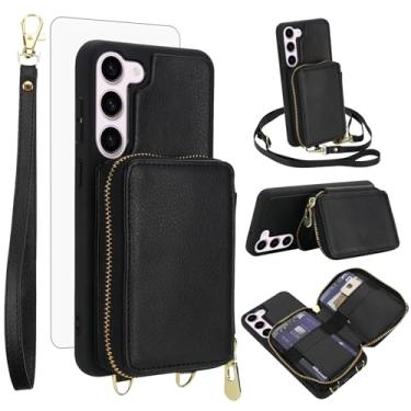 Imagem de Capa de celular para Samsung Galaxy S23 Plus S23+ 5G carteira celular com protetor de tela de vidro temperado, alça transversal com bloqueio de RFID, suporte para cartão S23plus 23S + S 23 23+