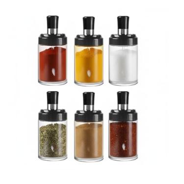 Imagem de Porta Tempero em Vidro com Colher Sal, Açucar, Condimentos, Pimenta, Tomilho, Orégano 6 Unidades C/Etiqueta Adesiva Lousa Preta