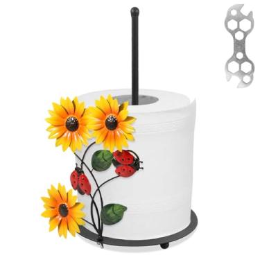 Imagem de XYDHQS Suporte de toalha de papel de girassol, suporte de guardanapo de ferro resistente com decoração de joaninha de girassol, dispensador de rolo versátil para cozinhas, banheiro, quarto, bancada