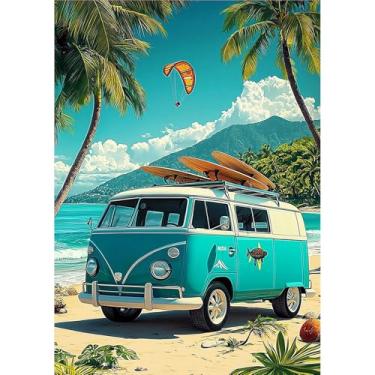 Imagem de MOGTAA Kits de arte de diamante de ônibus para adultos, kits de pintura de diamante de perfuração completa 5D para adultos iniciantes, paisagem de lago faça você mesmo, pontos redondos de diamante