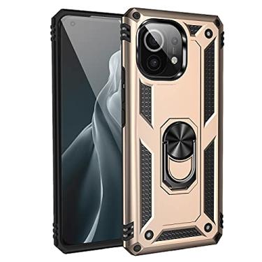 Imagem de SORAKA Capa para Xiaomi Mi 11 com suporte de anel, capa protetora para Xiaomi Mi 11, capa traseira de policarbonato rígido com placa de metal para suporte magnético de telefone e carro dourado