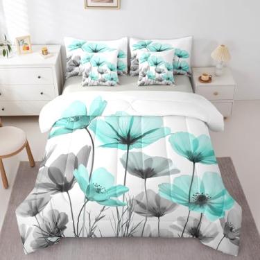 Imagem de Erosebridal Jogo de cama de casal com estampa floral, azul-petróleo e cinza, 7 peças, para crianças, meninas, mulheres, fazenda, boêmio, flores silvestres e lençol de cima