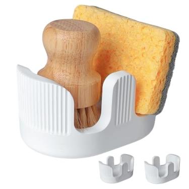 Imagem de BekPooQ Suporte de esponja de pedra ultra absorvente para pia de cozinha, suporte de esponja de escova de prato de diatomita com 2 compartimentos, bandeja de pia de pedra de diatomita, suporte de pia