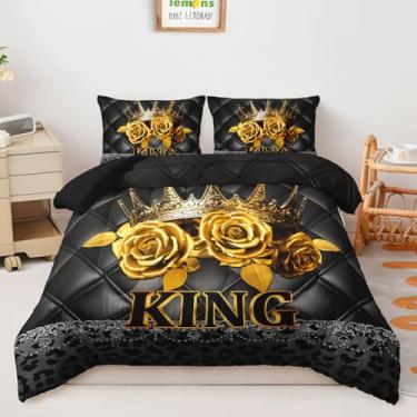 Imagem de AILONEN Conjunto de edredom queen com coroa rosa dourada, estampa de coroa de rei e 2 fronhas, conjunto de cama preto com estampa de leopardo, 3 peças