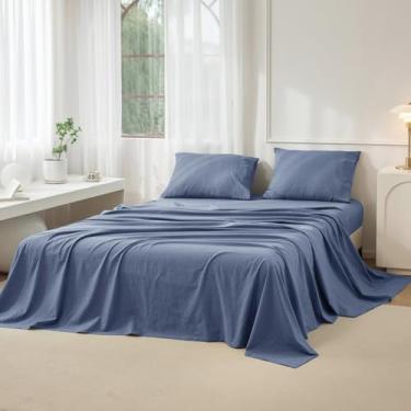 Imagem de JIYUAN Jogo de cama solteiro 100% algodão lavado, 1 lençol com elástico, 1 lençol de cima e 1 fronha, confortável e respirável, azul mesclado