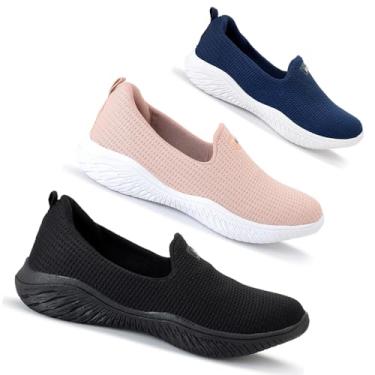 Imagem de Kit 3 Sapatilha Feminina Ortopédica Calce Fácil Sem Cadarço Leve Confortável (Preto/Nude/Marinho, BR, Adulto, Numérico, 36)