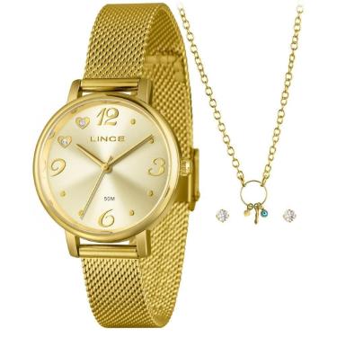 Imagem de Kit Relógio Feminino Lince Dourado LRGM043L34 K0ERC2KX